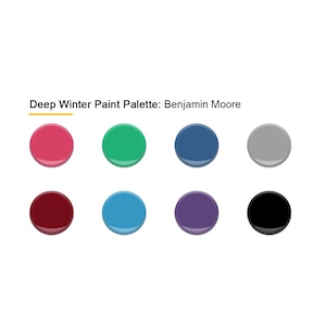 May include: A color palette of eight paint colors from Benjamin Moore, including shades of pink, green, blue, gray, red, teal, purple, and black.