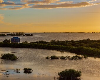 Belize Sunset Photo Print: Tropical Lagoon Hut Wall Art