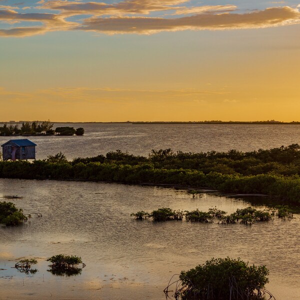 Photo Print, Home Decor, Wall Art, Hut on the Lagoon, Belize, Sunset, Tropical, Travel, Canvas, Landscape Photography, 8x10, 11x14, 16x20