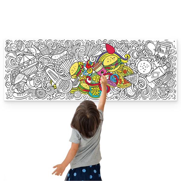 Coloring Poster Giant Junk Food Doodle Wall Art | Large Coloring Pages Adults Kids DIY Wall Decor | Classroom Creative Coloring Therapy