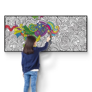 May include: A young person colors a large black and white wall art with colorful markers. The art features a variety of abstract shapes and designs, including swirls, stars, and fish.