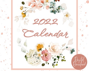 2022 Calendar-Floral-Digital Calendar-8.5x11 Monthly Planner-Blank Monthly Calendar with Holidays-Floral Planner-Instant Digital Download