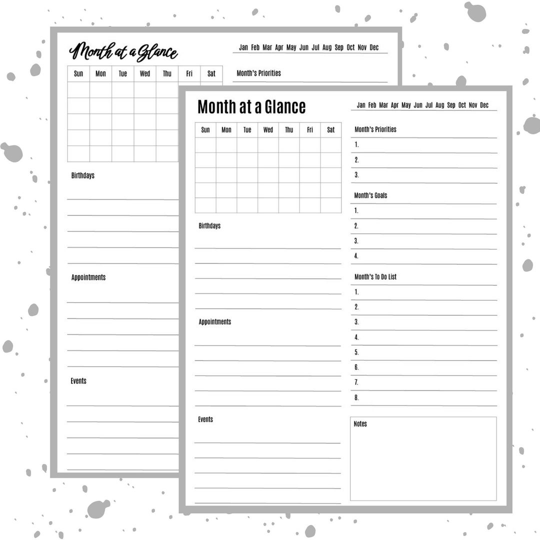 Month at a glance planner printable undated monthly overview