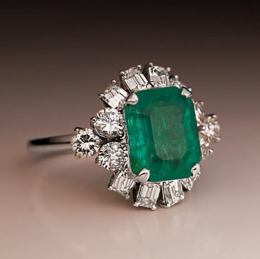 Art Deco Green Emerald & Diamond Ring Art Deco Engagement - Etsy