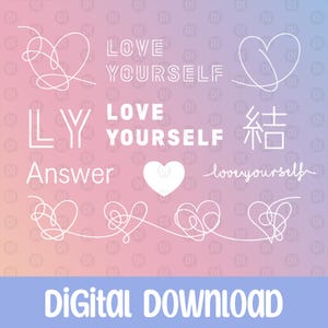 Pode incluir: Gráfico de download digital com texto branco e desenhos de coração em um fundo gradiente rosa e azul. O texto inclui "LOVE YOURSELF", "LY", "Answer" e "Digital Download".