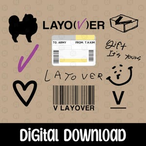 Könnte beinhalten: Digitaler Download-Grafik mit verschiedenen Elementen auf beigem Hintergrund. Enthält eine schwarze Silhouette eines Hundes, ein lila Häkchen, ein Herz, einen Barcode und den Text "V LAYOVER". Zusätzlicher Text enthält "Gift It's yours" und "Digital Download".