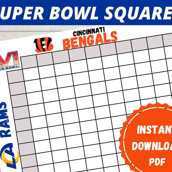 Printable Super Bowl Squares 2022, Cincinnati Bengals vs Los Angeles Rams, Super Bowl Party Game