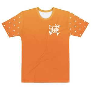 May include: Orange and yellow gradient t-shirt with white triangles on the sleeves and the Japanese character for "Breath" on the front.