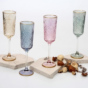 Set of 4 Vintage Style Champagne Glasses, Gold Rim Colored Champagne Flutes, Celebration Glasses