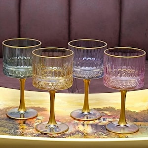Elegant Large Glass Goblet, Colored and Gold Rimmed Cocktail Glasses, Crystal Cut Stemware