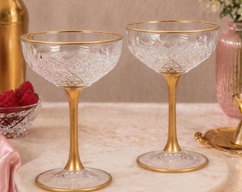 Set of 2 Diamond Pattern Champagne Coupe Glasses, Gold Rim Fancy Cocktail Glasses, Wedding Glassware for Celebrations