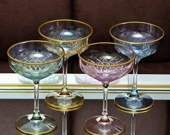 Coupe Glasses Set of 4 with Gold Rim, Colored Champagne Coupes, Old Hollywood Cocktail Glasses