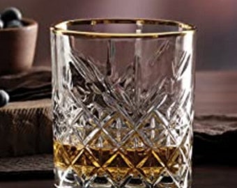 Crystal Cut Gold Rimmed Whiskey Glass, Gold Rims Rocks Glasses, Cocktail glass, Groomsmen Gift, Father's Day Gift