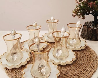 Juego de té turco hecho a mano, tazas y platillos de té turco, vasos y platillos de té, 12 piezas para 6 personas
