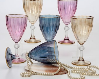 Vintage Style Gold Rim Red Wine Glasses, Wedding Wine Glass, Colored Glassware, Celebration Glasses