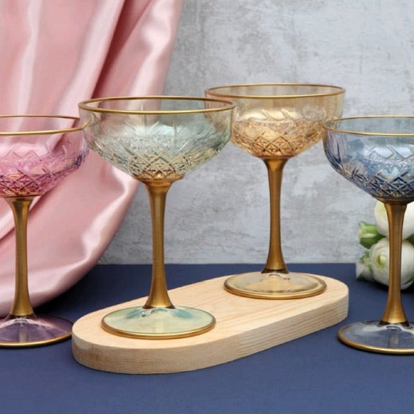 Vintage Style Coupe Glasses, Gold Rimmed Margarita Glasses, Colored Cocktail Glasses, Celebration Glasses, Bridesmaid Glasses
