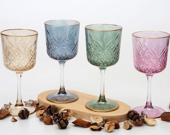 Colored Wine Glasses Set of 4, Vintage Wine Glasses with Gold Rim, Unique Stemmed Wine Glass Set, Wedding Glasses, Colorful Glassware Gift