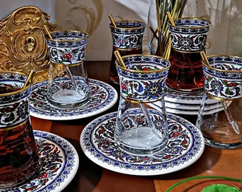 Juego de té turco, tazas y platillos de té turco, vasos y platillos de té, 12 piezas para 6 personas