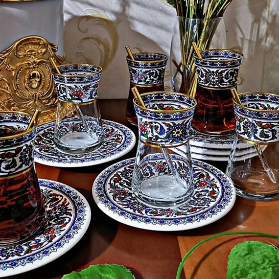 Turkish Tea Glasses Cups Set of 6 and Saucers Glassware, Moroccan Tea Glasses, Gold Drinking Glasses, Tea Set, Women Party Arabic Fancy Drinkware