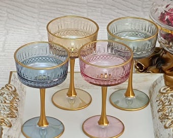 Colored Vintage Style Cocktail Glasses, Gold Rim Coupe Glasses, Celebration Glasses