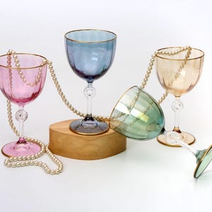 Vintage Style Colored Wine Glass, Gold Rim Wine Glass, Wedding Wine Glass, Colored Glassware, Celebration Glasses