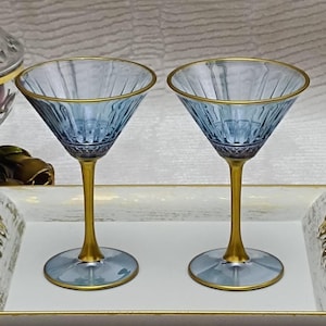 Vintage Style Martini Set, Colored Cocktail Glasses, Gold Rim Coupe Glasses, Celebration Glasses