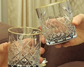 Vintage Style Boho Clear Whiskey Glasses | Gold Rim Old Fashioned Tumblers | Elegant Barware Gift for Him & Home Decor