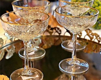 Gold Rimmed Vintage Style Coupe Glasses, Cocktail Glasses Set, Wedding glasses, Champagne Coupes, Christmas Glasses
