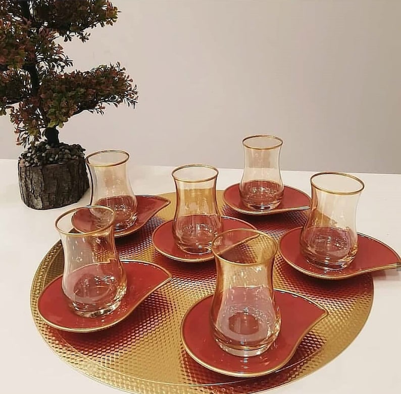 Juego de té turco hecho a mano Tazas y platillos de té turco Vasos y platillos de té, 12 piezas 6 personas imagen 3