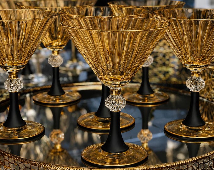 Amber Martini Glass Set of 4, Gold Rim Cocktail Glasses with Black Stem, Art Deco Amber Glassware, For Martini Lovers & Memorable Nights
