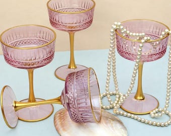 Pink Coupe Glasses Set of 4, Colored Aesthetic Cocktail Coupe Glasses, Gold Rim Vintage Inspired Bar Cart Glassware, Home Bar Style