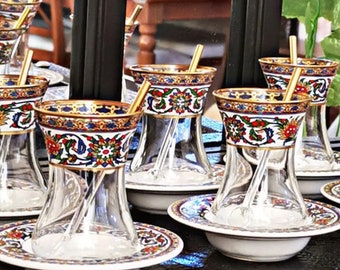 Handmade Turkish Tea Set Turkish Tea Cups and Saucers Tea Glasses and Saucers, 12 pcs 6 person