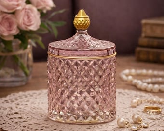 Rosa Glas-Bonboniere mit Deckel, ästhetisches Eitelkeitsdekor, elegantes Schmuckglas, Akzent für die Kommode, feminine Geschenkidee