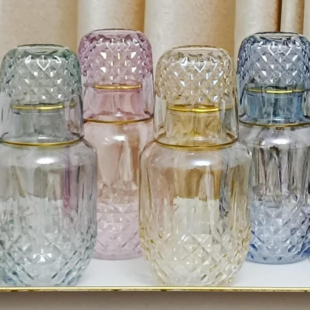 Elegant Colorful Bedside Carafe and Tumbler Set | Gold Rimmed Glasses for Nightstand | Aesthetic Glassware for Stylish Home Decor