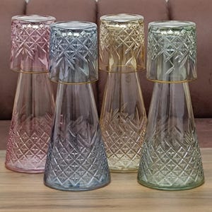Night Bedside Carafe and Glass Set: Colored Glass with Gold Rim