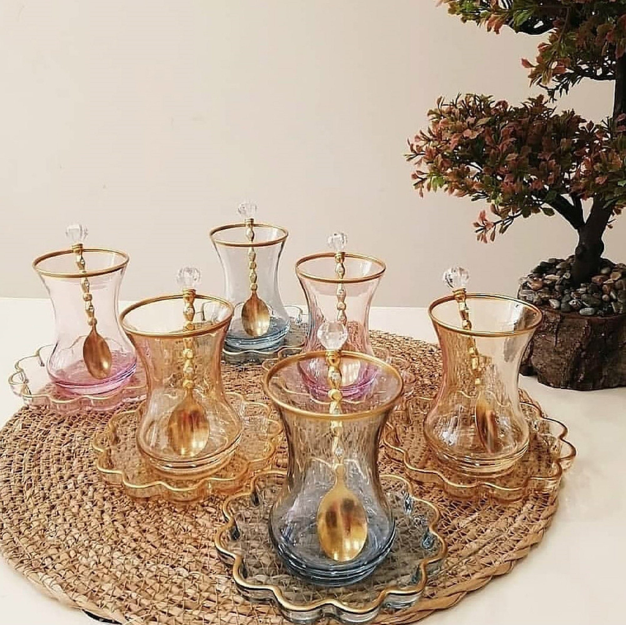 Lav Cay 12-Piece Turkish Tea Glasses Set with Gold Rim, 5 oz