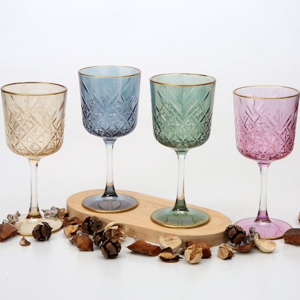 Lot de 4 verres à vin de style vintage, verre à vin de mariage, verres à vin colorés à bord doré, verres à vin, verres de célébration