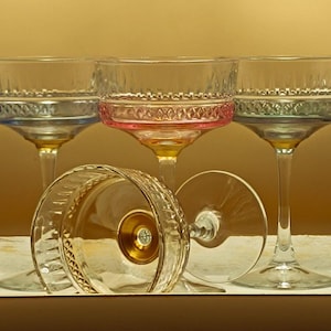 Colored Crystal Cut Vintage Style Glasses, Gold Rimmed Coupe Glasess, Barware, Glassware Set, Wedding Party, Bridesmaid