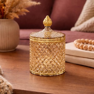 Amber Glass Candy Dish with Lid, Vintage Style Amber Glass Apothecary Jar, Decorative Glass Jar, Trinket Jar, Warm Home Decor image 1