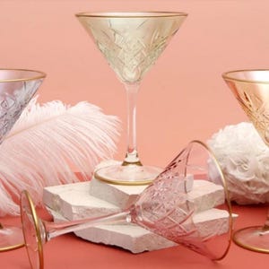 Art Deco Martini Glasses Set of 4 with Gold Rim, Elegant Colored Martini Glass Set, Vintage Cocktail Glass Set, Wedding Gift