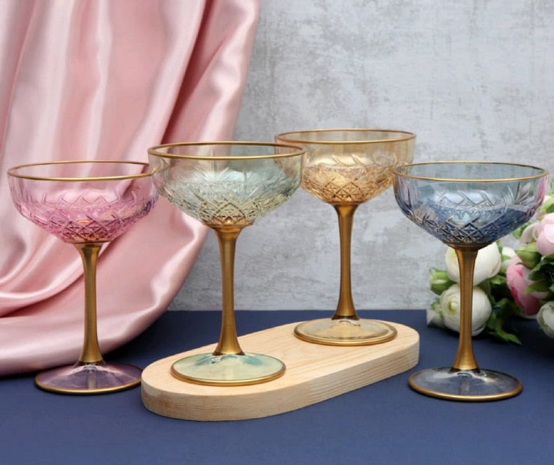 Colored Gold Rimmed Vintage Style Cocktail Glasses, Celebration Glasses, Wedding Glasses, Champagne Coupes, Pink Coupe Glasses image 8