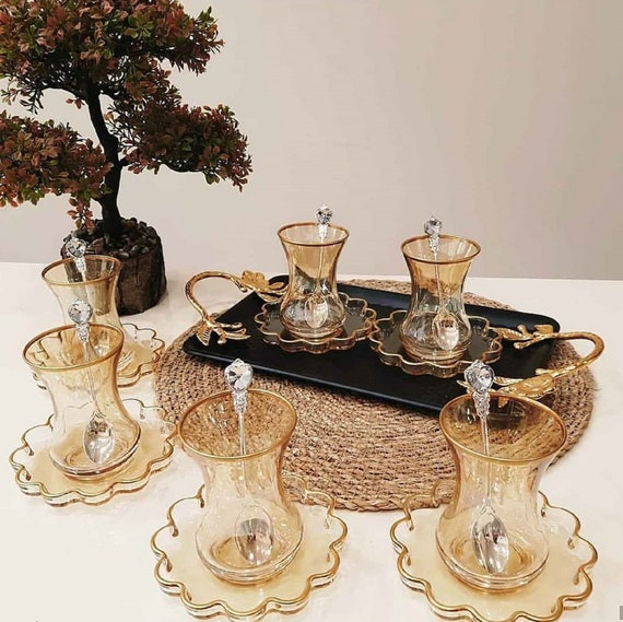 Lav Cay 12-Piece Turkish Tea Glasses Set with Gold Rim, 5 oz