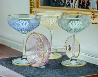 Colored Gold Rimmed Vintage Style Cocktail Glasses, Celebration Glasses, Wedding Glasses, Champagne Coupes, Pink Coupe Glasses