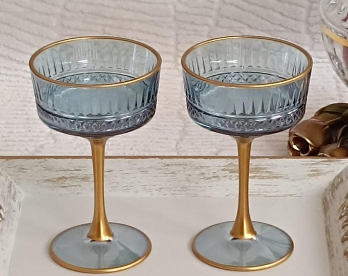 Luxury Blue Art Deco Coupe Glasses Set | Gold Rim Vintage Style Cocktail Glasses | Champagne Saucer Wedding Gift