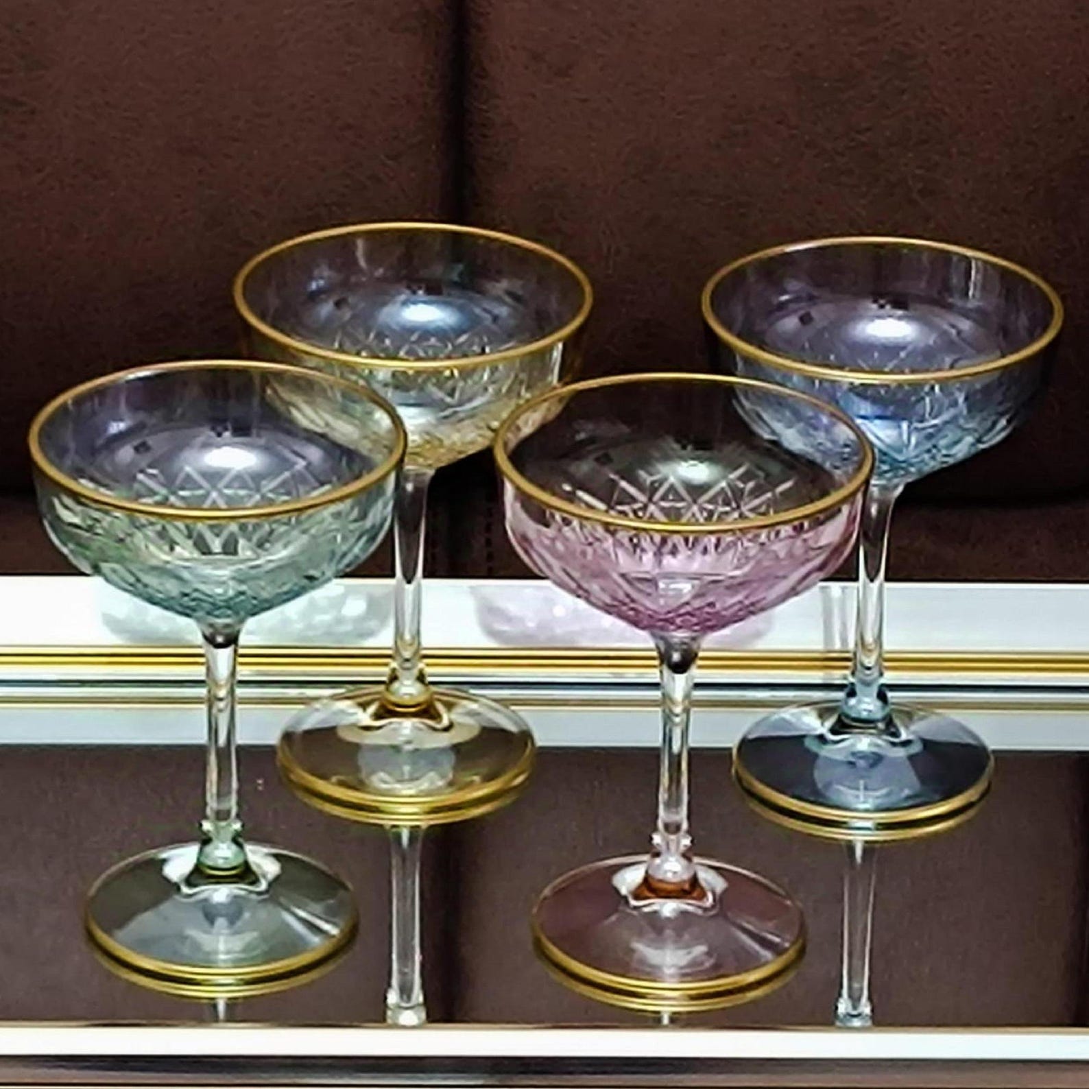 Boho Champagne Coupe Glass Set | Multicolor Cut Crystal Goblets with Gold Rim | Vintage Style Wedding & Christmas Gift - Set of 2, Green