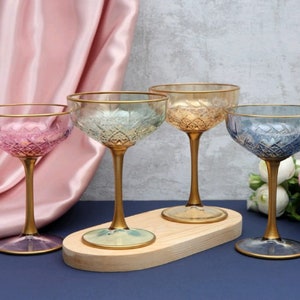 Colored Gold Rimmed Vintage Style Cocktail Glasses, Celebration Glasses, Wedding Glasses, Champagne Coupes, Pink Coupe Glasses image 2