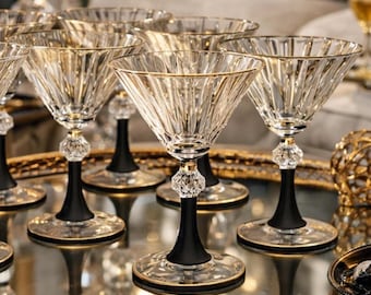 Set of 4 Black Cocktail Glasses, Luxury Martini Glasses, Gold Rim and Black Stem Clear Coupe Glasses, Elegant Barware, Anniversary Gift