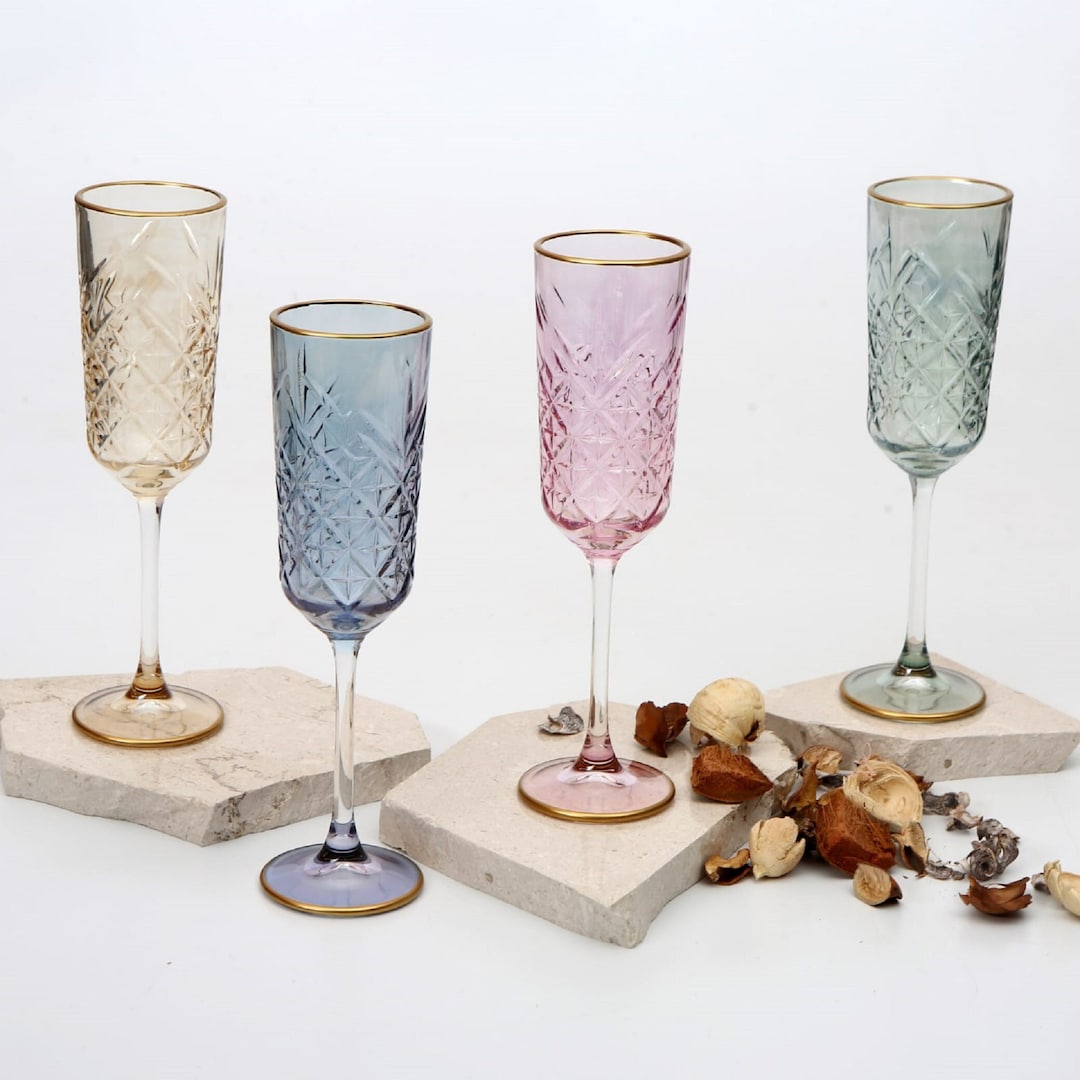 Set of 4 Vintage Style Champagne Glasses, Gold Rim Colored Champagne
