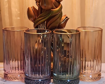 Farbige Highball-Gläser 4er-Set, gerippte Trinkgläser, Goldrand-Gläser, Art-Deco-Gläser im Vintage-Stil, große Cocktailgläser