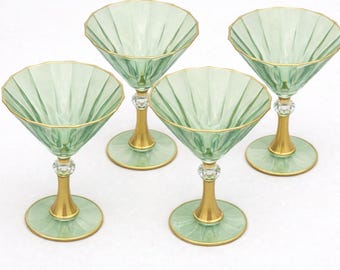 Set of 4 Green Cocktail Glasses, Emerald Martini Glasses, Gold Rim and Gold Stem Coupe Glasses, Bar Cart Decor, Home Bar Accessories